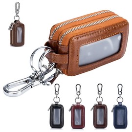 ENJHIKE Genuine Leather Key Case, Men's, Women's, Car Key Case, Double Layer, Cowhide Leather, Double Zipper, Compatible with Smart Keys, Large Capacity, Compact, Clear Window, Gift, Gift, Carabiner