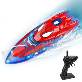 Fullware Spider Hero RC Boat, 2.4GHz Remote Control Boat with LED Lights for Kids, Pool Toy with 2 Rechargeable Batteries, Spray Function, and Low Battery Alarm for Boys & Girls