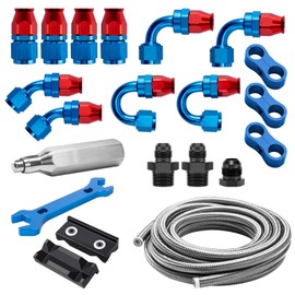 AOOSEDOO 8AN PTFE Fuel Line Kit, AN8 E85 Stainless Steel Braided PTFE Fuel Line Hose 20FT With 8AN Hose End Fittings Straight/45/90/180 Degree Red&Blue, Sliver