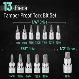 Bates- Torx Bit Socket Set, 13 pcs, TT8-TT60, 1/4" 3/8" & 1/2" Drive, Silver, Tamper Proof Torx Bit Set