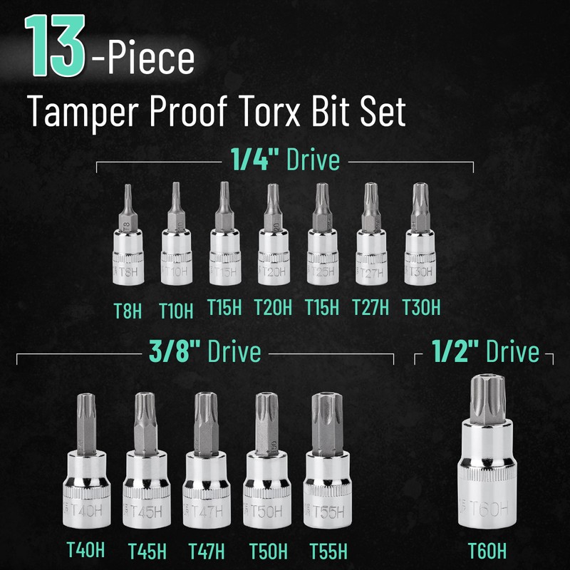 Bates- Torx Bit Socket Set, 13 pcs, TT8-TT60, 1/4" 3/8"