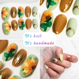 Sun&Beam Nails Handmade Medium Long Oval Pink Gold False Nail Tips with Cute 3D Flower Pearl Popular Charm Design Press On Nails 10 Pcs (XS, 022)