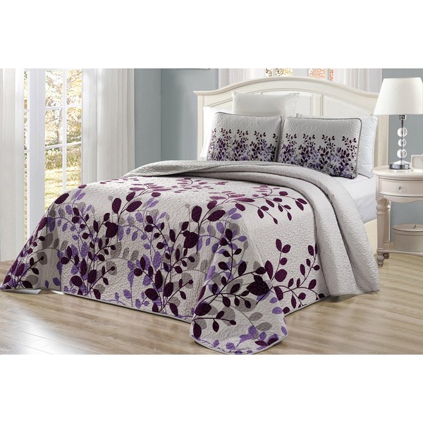 3-Piece Fine Printed Oversize (100" X 95") Fresca Quilt Set Reversible Bedspread Coverlet Queen Size Bed Cover (Purple, Grey, Vine)