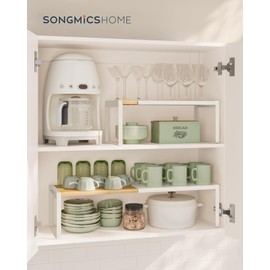 SONGMICS HOME Spice Racks, Expandable Cupboard Shelf Orgnizers, Kitchen Counter Shelves, Bamboo and Metal, Space-Saving Shelving, Stackable, Natural Beige and Cream White UKCS051N01