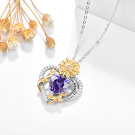 AENEAS You Are My Sunshine Necklace Sunflower February Birthstone Necklaces Sterling Silver Heart Amethyst Pendant Jewelry Women Gift for Birthday Mothers Day Christmas Anniversary