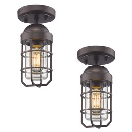 Emliviar 2 Pack Farmhouse Semi Flush Mount Ceiling Lights, Small Outdoor Ceiling Lights for Porch, Clear Tempered Glass in Oil Rubbed Bronze Finish, GE255F-2PK ORB