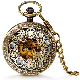 Lancarodo women's and men's pocket watch, retro gear sprocket, mechanical chain watch, skeleton watch, steampunk automatic mechanical pocket watch bronze with necklace pullover chain