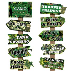 Abilat 20 Pcs Army Birthday Party Decorations Camo Party Signs for Boys Men Camouflage Military Directional Signs Army Themed Birthday Supplies
