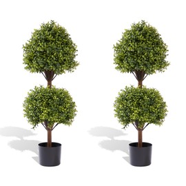 THE BLOOM TIMES 40 Inch Artificial Topiary Double Ball Boxwood Tree, Set of 2 Fake Potted Plants Faux Bushes & Shrubs Plants for Outdoor Planter Front Proch Decor