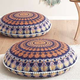 Codi Meditation Floor Pillows Set of 2, Round Large Pillow Seating for Adults, Bohemian Mandala Circle Floor Cushion for Outdoor Fireplace Yoga Living Room, 32 Inch, Yellow Memory Foam Added