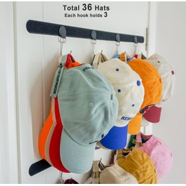 ETOWIFA Baseball Cap Organizer, Holds Up to 36 Caps, Strong Metal Hooks, Versatile Mounting, Anti-Fall Design, Space-Saving, DIY Fun, Includes 3 Straps and 12 Hooks