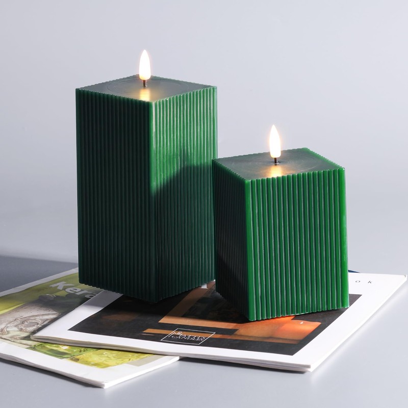Girimax Dark Green Ribbed Flameless Candles with Remote, Battery Operated