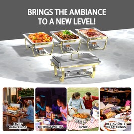 Chafing Dishes for Buffet 6 Pack, 8QT Semi Gold Food Warmers for Parties,High Grade Chafing Dish Buffet Set, Chafers and Buffet Warmers Sets Complete Set,Comes with Food Clip and Service Spoon