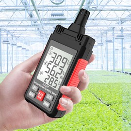 Meichoon Temperature and Humidity Meter with Display C/F Industrial Thermometer Multiple Units of Measure with Dew Point Wet Bulb Black Illuminated Display PE50
