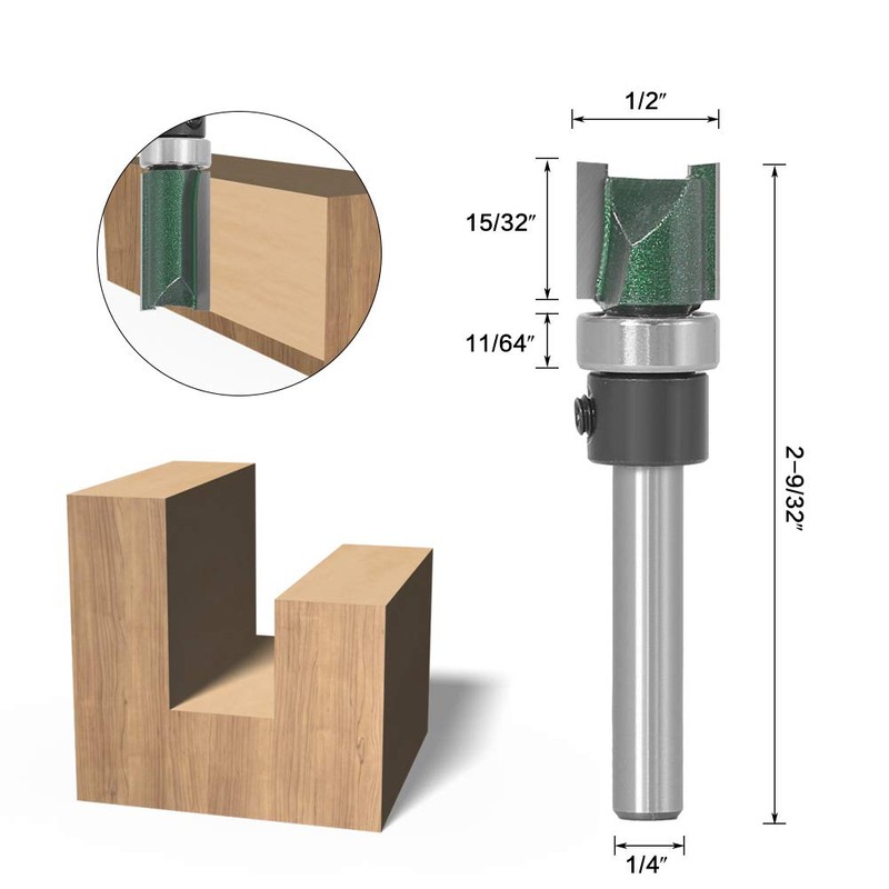 Wolfride 4PCS Straight Router Bit with Bearing, 1/4-Inch Shank Top