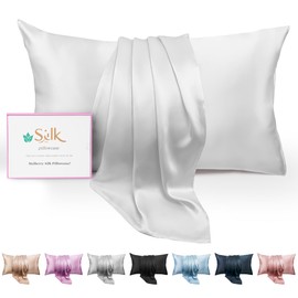 FCHJXTL Premium 100% Mulberry Silk Pillowcase for Hair and Skin,Silk Pillow Cases with Hidden Zipper,Cooling White Silk Pillowcase for Sleeping Women,1 Piece (White, Queen)