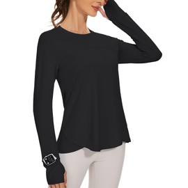 Blingfit Women's Workout Tops Long Sleeve Running Hiking Athletic Gym Shirts Lightweight UPF50+ UV Rash Guard Sun Protection, Black, Large