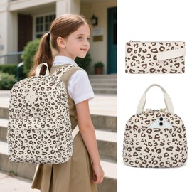 Yusudan Corduroy Girls Backpack Set, 3PCS School Backpacks for Kids Elementary Middle School Bags with Lunch Box Pencil Case (Beige Corduroy Leopard)
