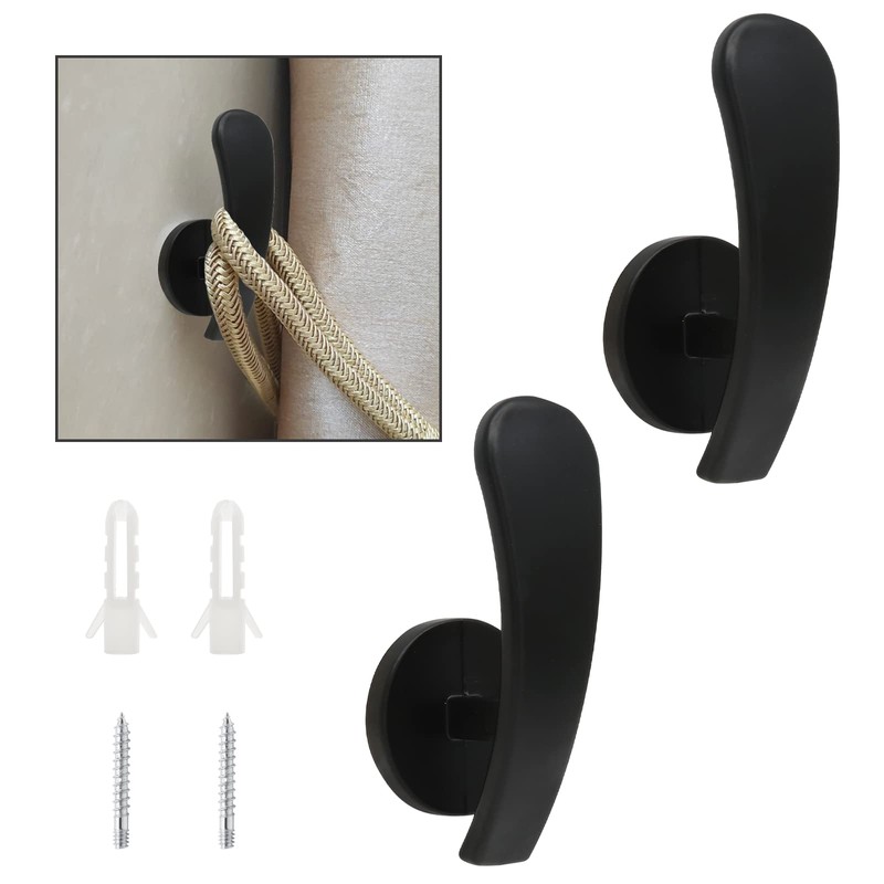 Rierdge 2 Pack Black Curtain Tieback Hooks, Curtain Holdback Hooks