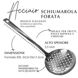 Fackelmann Schiumarola, materiale in acciaio inossidabile riciclato, ad alto spessore lucido, ideale per fritti, pasta fresca e ripiena, lavabile in lavastoviglie, dimensioni 34,5 x 11 cm
