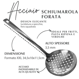 Fackelmann Schiumarola, materiale in acciaio inossidabile riciclato, ad alto spessore lucido, ideale per fritti, pasta fresca e ripiena, lavabile in lavastoviglie, dimensioni 34,5 x 11 cm