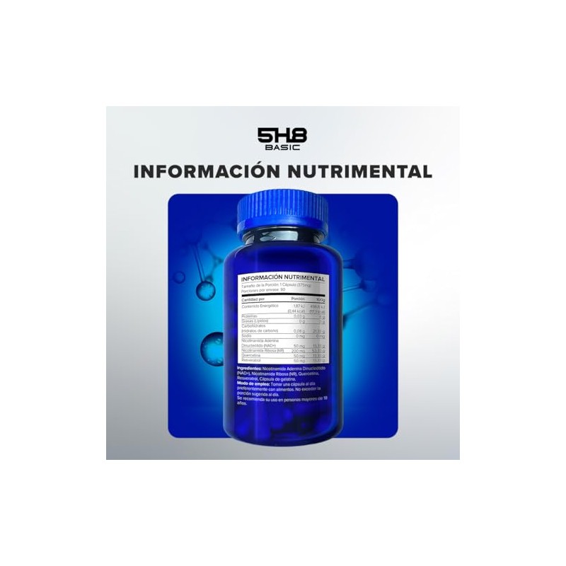 NAD+ Resveratrol Con Nicotinamida Ribosa y Quercetina 5H8 NUTRITION
