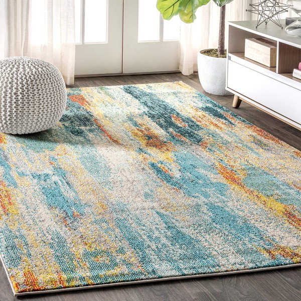 JONATHAN Y CTP106B-4 Contemporary POP Modern Abstract Vintage Waterfall Blue/Cream/Yellow 4 ft. x 6 ft. Area-Rug, Bohemian,Easy-Cleaning,ForBedroom,Kitchen,LivingRoom, Non Shedding
