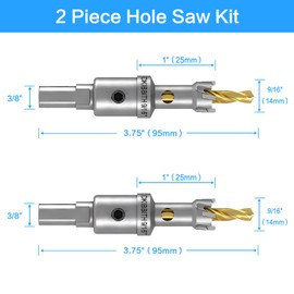 DKIBBITH TCT Hole Saw Set, 2-Pack 9/16" (14mm) Heavy Duty Tungsten Carbide Tipped Hole Cutters for Stainless Steel, Copper, Iron, Brass, Plastic with Titanium-Plated Pilot Drill Bits