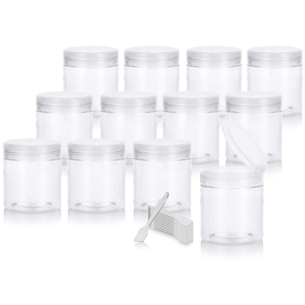 JUVITUS 8 oz Clear PET Plastic Jar with Clear Natural Flip Top Cap (12 pack) + Spatulas
