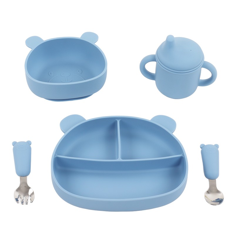 5pcs Baby Feeding Kit Food Grade Silicone Bear Design Plate