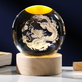 Arikyrist 3D Dragon Figurines Crystal Ball with Wooden Base, 3D Laser Engraved Dragon Statue Decorative Glass Balls Paperweight Crystal Chinese Dragon Figurines Decor Gifts for Women