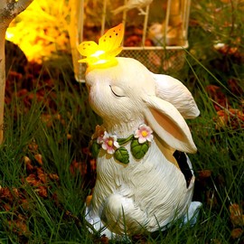 Aopek Garden Solar Outdoor Statues Rabbit Garden Statue Bunny Outdoor Figurine Lights with Butterfly Clearance for Patio, Balcony, Yard, Lawn Ornament (Yellow)