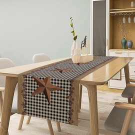 JanJCurt Camino de mesa rústico con estrellas, diseño de granero de madera clásico con rejilla negra del oeste de Texas Farmhouse Country Print Camino de mesa para fiestas en casa, patio interior y