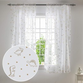 SEEKRIGHT Lindas cortinas transparentes de dinosaurio, cortinas de dinosaurio de dibujos animados para habitación de niños, cortinas de gasa blanca y dorada para dormitorio de niños, juegos de 63 pulgadas de largo, juego de 2 paneles