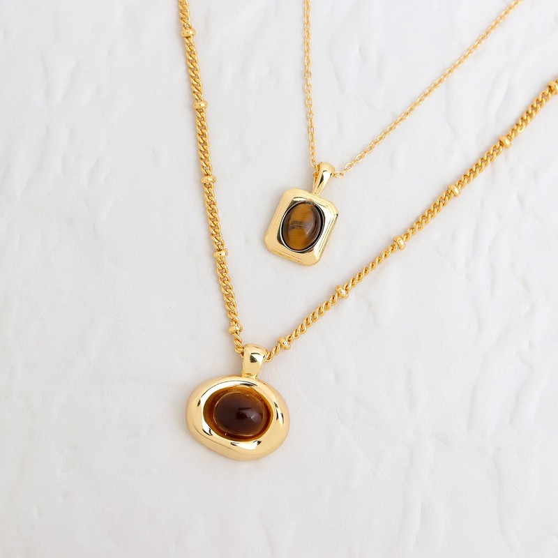 Sonateomber Gold Natural Tigers Eye Stone Pendant Necklace for Women