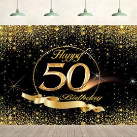 50th Birthday Backdrop 10x8ft Gold Black Birthday Sign Poster Photo Backdrop Glitter Diamonds Happy 50th Birthday Banner for Men Women Party Suppiles Decorations Background