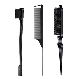 3 Pieces Hair Styling Comb Set Teasing Hair Brush Rat Tail Comb Edge Brush for Edge&Back Brushing, Combing, Slicking Hair for Women (Black)