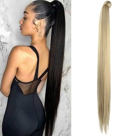 SEIKEA Clip in Ponytail Extension Wrap Around Long Straight Pony Tail Hair Synthetic Hairpiece for Women 35 Inch Color Ash Blonde