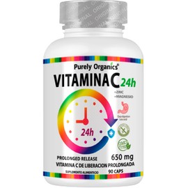 PURELY ORGANICS. Vitamina C de liberación prolongada. Activo por 24 horas. Con 300mg de Vitamina C, 300mg de Magnesio, 10mg de Zinc. Bote con 90 cápsulas.