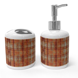Ambesonne Rust Color Soap Dispenser & Toothbrush Holder Set, Abstract Aged Look Design Checkered Plaid Industrial Themed Illustration, Ceramic Bathroom Toiletry Accessories, 2 Pcs, Cinnamon and Dusk