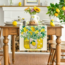 Artoid Mode Yellow Stripes Lemon Summer Table Runner, Spring Kitchen Dining Table Decoration for Home Party Decor 13x108 Inch