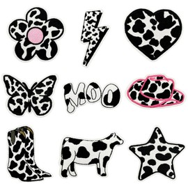9PCS Cow Prints Embroidered Patches Black and White Sew on Applique Flowers Butterfly Iron on Patches for Backpacks Clothes Hat Jeans DIY Accessories