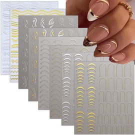 Gold Nail Art Stickers Metallic Line Nail Decals 3D Self-Adhesive Gold Silver Curve Stripe Wave Nail Design Luxury French Tip Manicure Nail Art Supplies for Women Acrylic Nails Decoration 8 Sheets