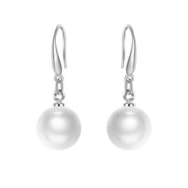 ERLOSYA - arete de perlas grandes de plata de ley para mujer, perlas cultivadas de agua dulce, aretes colgantes para mujer, aretes redondos grandes de perlas blancas, Plata, Perla Circonia cúbica
