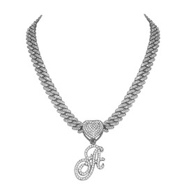Flongo Women's Necklace Silver Necklace: Gold Iced Out Cuban Link Chain Kuban Plate Chain Statement Curb Chain Fashion Jewellery Women Choker Hip Hop Jewellery Chains with A Pendant Gift for Men