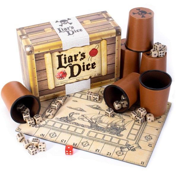 Brybelly Liar's Dice Game Set - Classic Family Bluffing Game - Treasure Chest Includes Six Professional Bicast Leather Dice Cups, 30 Custom Bullseye D6 Dice, Custom Bidding Die, Pirate Ship Game Mat