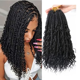 WoWCFyyds Crochet Hooks 14" 14" Goddess Box Braids Crochet Curly Hair 3 x Synthetic Braids Hair Extension for Black Women (1B/Black)