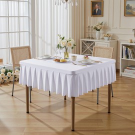 White Spandex Tablecloths for 34x34 Inch Square Tables, Stretch Fitted Table Clothes with Pleated Ruffle Skirt for 34” Table, Wrinkle Free and Elastic, for Party Kitchen Home Dining Outdoor Patio