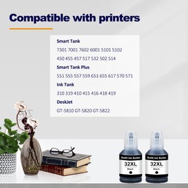 LAIPENG 32XL 32 XL Ink Refill Bottles Compatible for HP Smart Tank 7301 7001 7602 6001 5101 5102 Plus 651 551 455 457 450 Printers 2 Black (2-Pack,135ML 32XL Black Ink)