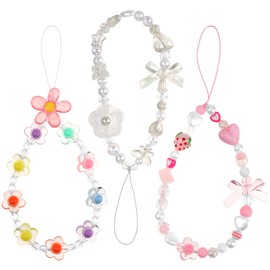 3PCS Phone Charms Strap, Cute Beaded Phone Charm, Aesthetic Cellphone Wrist Strap, Flower Phone Chain, Heart Beaded Strap Phone Lanyard(White and Pink)